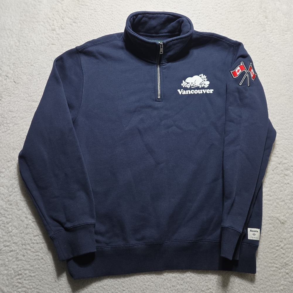 Roots Vancouver Canada Mens Quarter Zip Sweatshirt Blue Fleece Pullover Medium‎